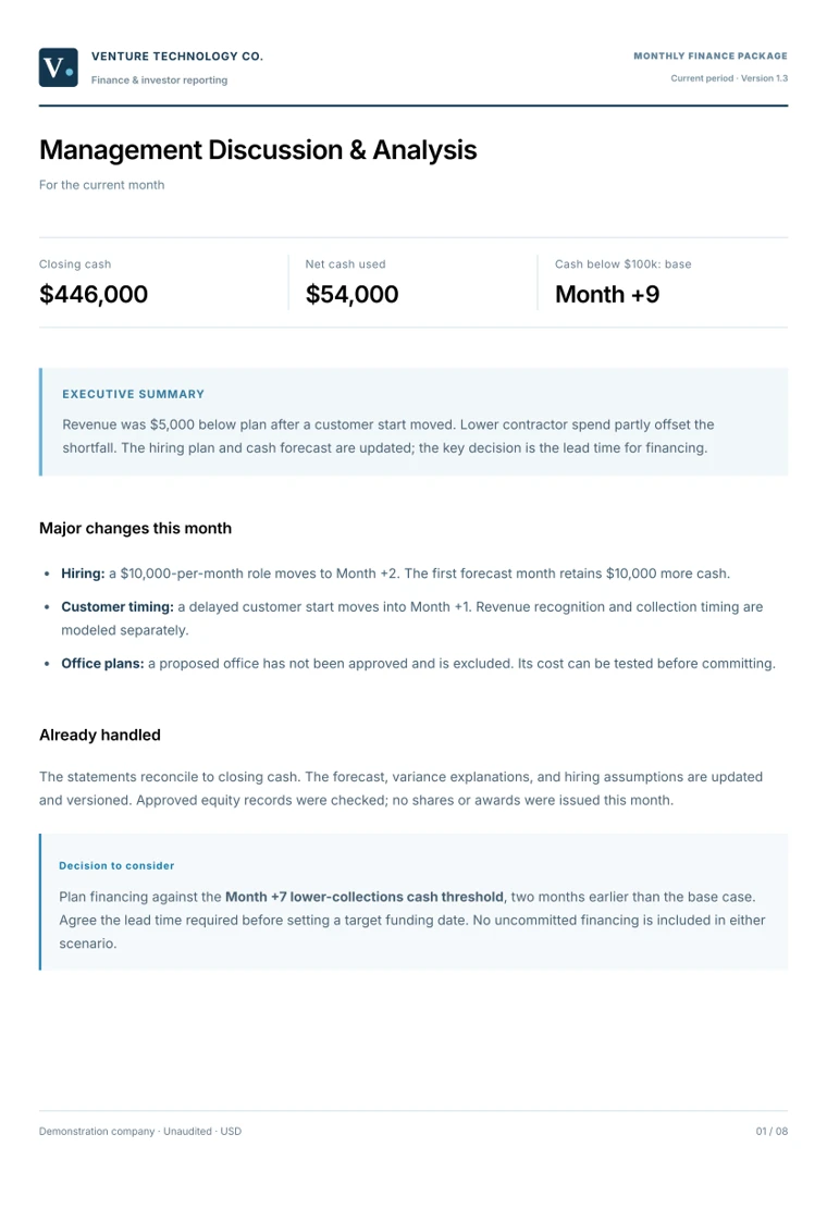 Sample Management Discussion and Analysis showing a reconciled cash summary, material changes, and a financing decision