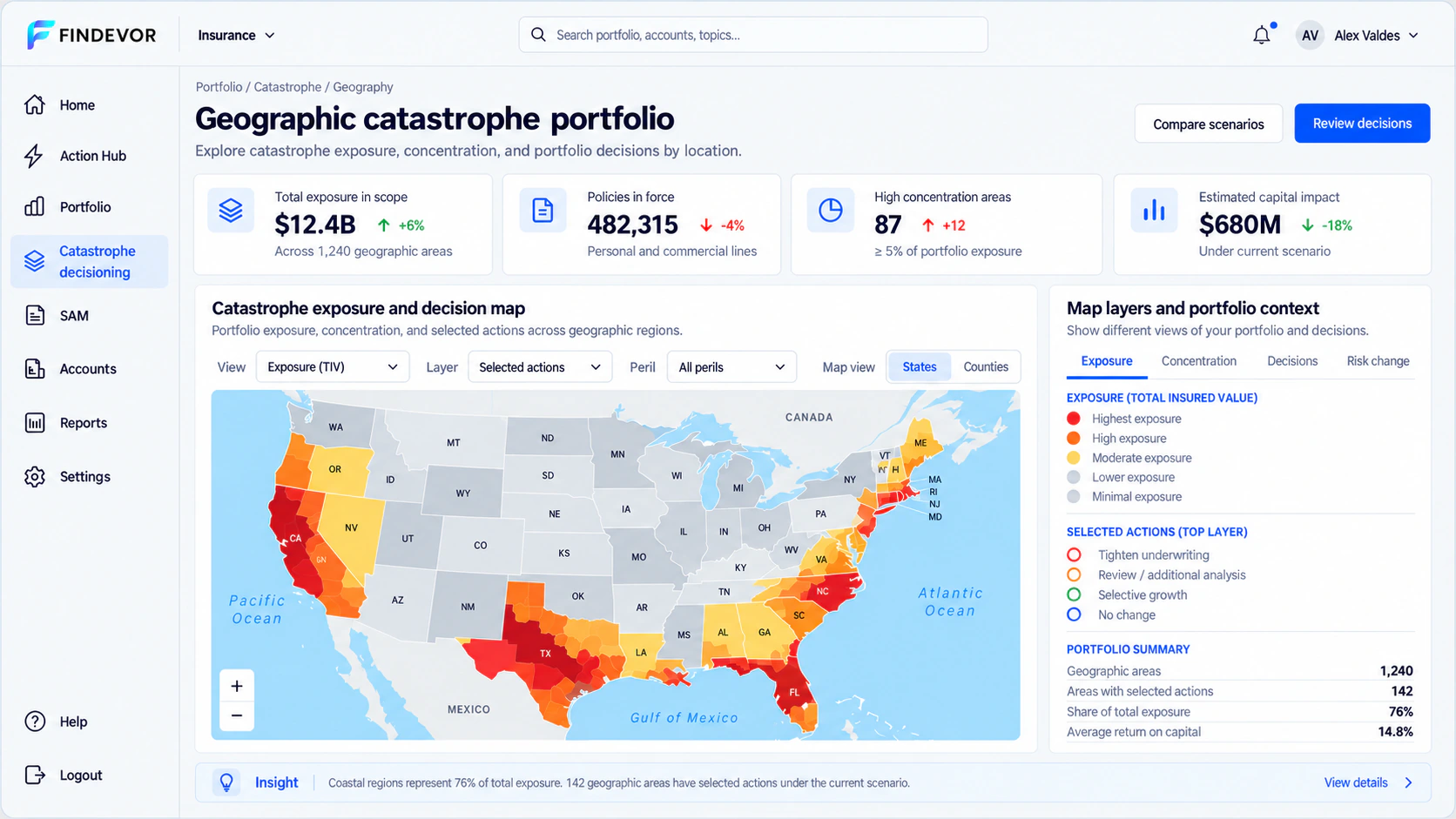 Synthetic catastrophe decisioning geographic exposure and portfolio decision map, shown in a demonstration workspace